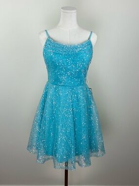 Sparkling Aqua Sequin Mini Dress with Spaghetti Straps